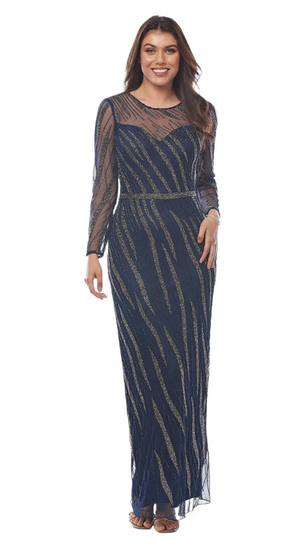 Long Sleeve Beaded Mesh Gown