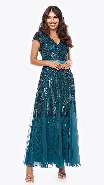 Long Cap Sleeve Beaded Dress