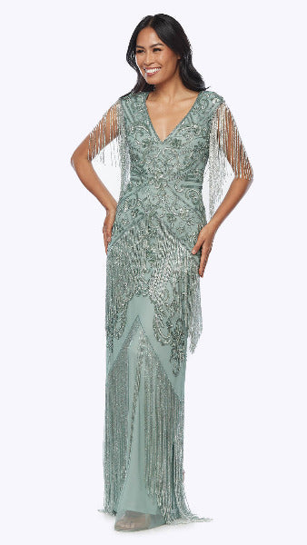 Long Beaded Gown with Fringe