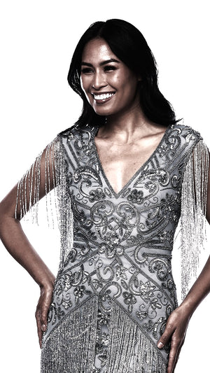 Long Beaded Gown with Fringe