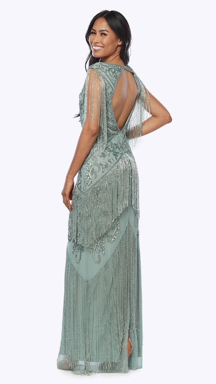 Long Beaded Gown with Fringe