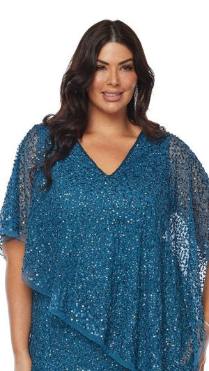 Beaded Layered Dress with Flowing Cape