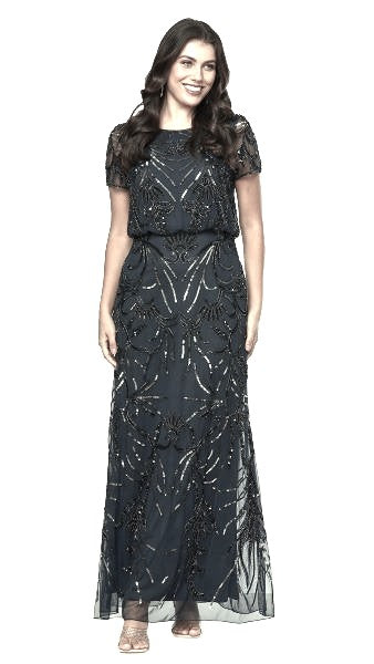 Long Beaded Tulle Blouson Dress
