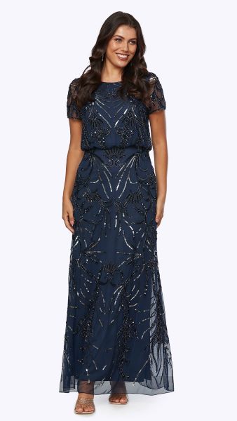 Long Beaded Tulle Blouson Dress