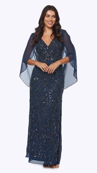 Long Beaded Dress with Chiffon Cape