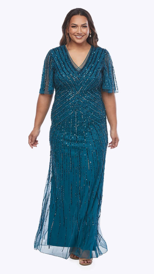 Sequinned Mesh Long Gown