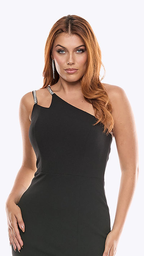 One Shoulder Long Stretch Crepe Dress with Diamante Straps