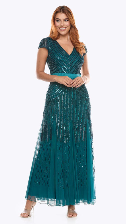Long Cap Sleeve Beaded Dress