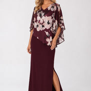 Sheath Maxi Dress with Floral Chiffon Overlay 849