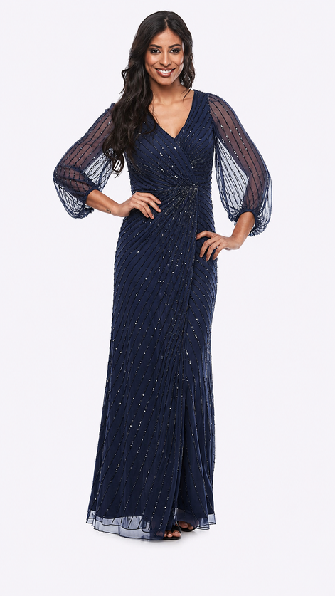 Long Sequin Wrap Dress with Peasant Sleeve - SALE 308