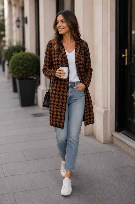 Thigh Length Knit Houndstooth Jacket 834