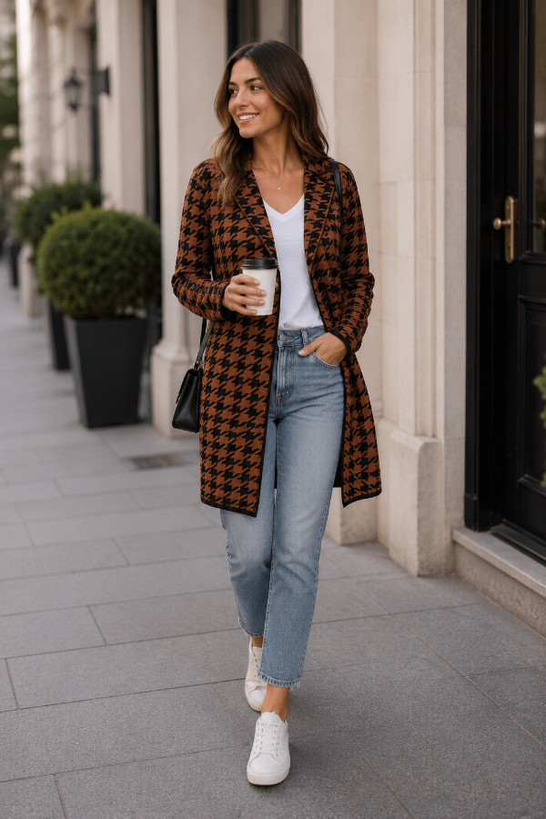 Thigh Length Knit Houndstooth Jacket 834
