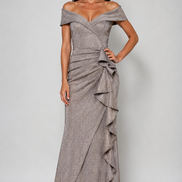 Long Shimmering Off Shoulder Dress with Cascading Frill 848
