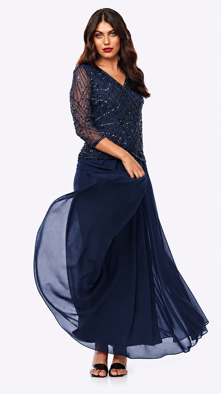 Long Chiffon Skirt with Beaded Sleeve and Bodice 377