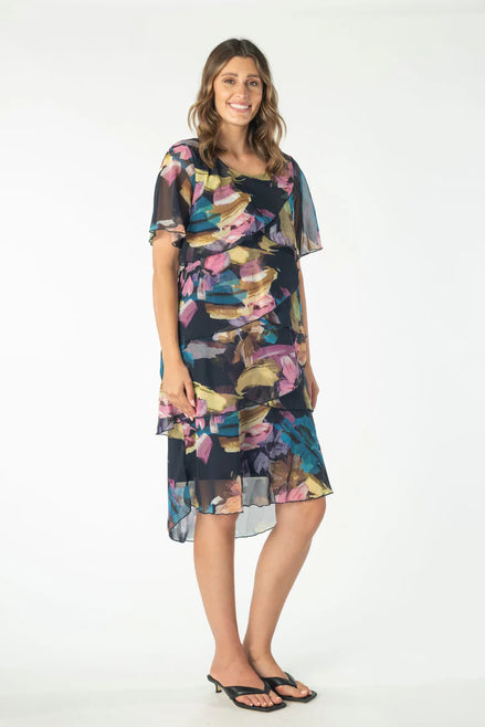 Abstract Floral Print Layered Chiffon Dress