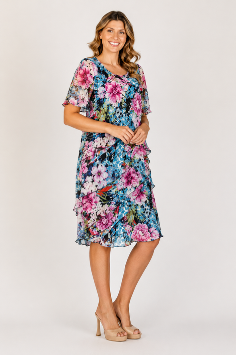 Printed Layered Chiffon Dress with Short Sleeves 737