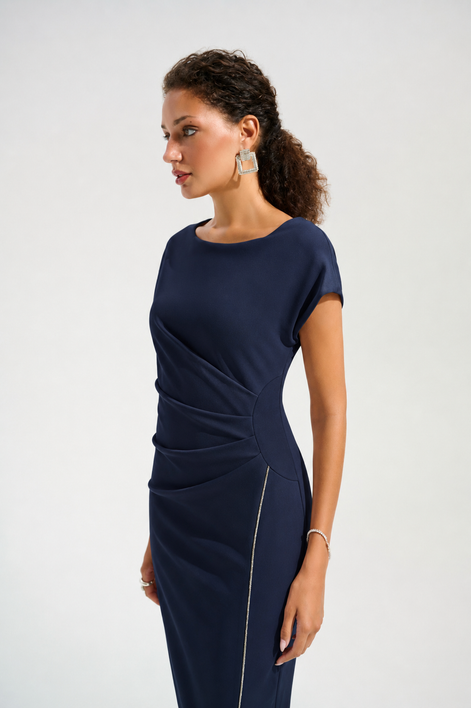 Scuba Crepe Sheath Gown With Rhinestones Piping 756