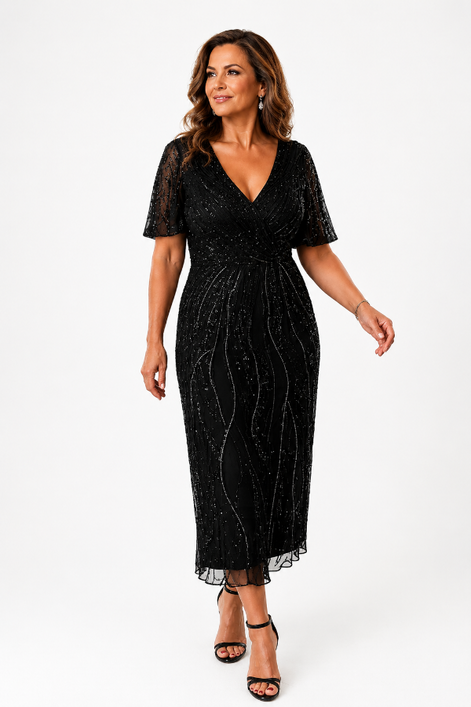 Tea Length Stretch Mesh Beaded Dress 715