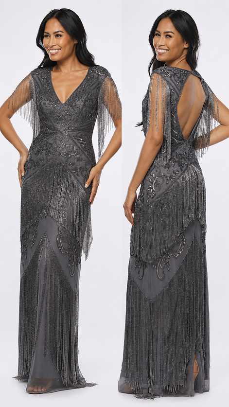 Long Beaded Gown with Fringe 420