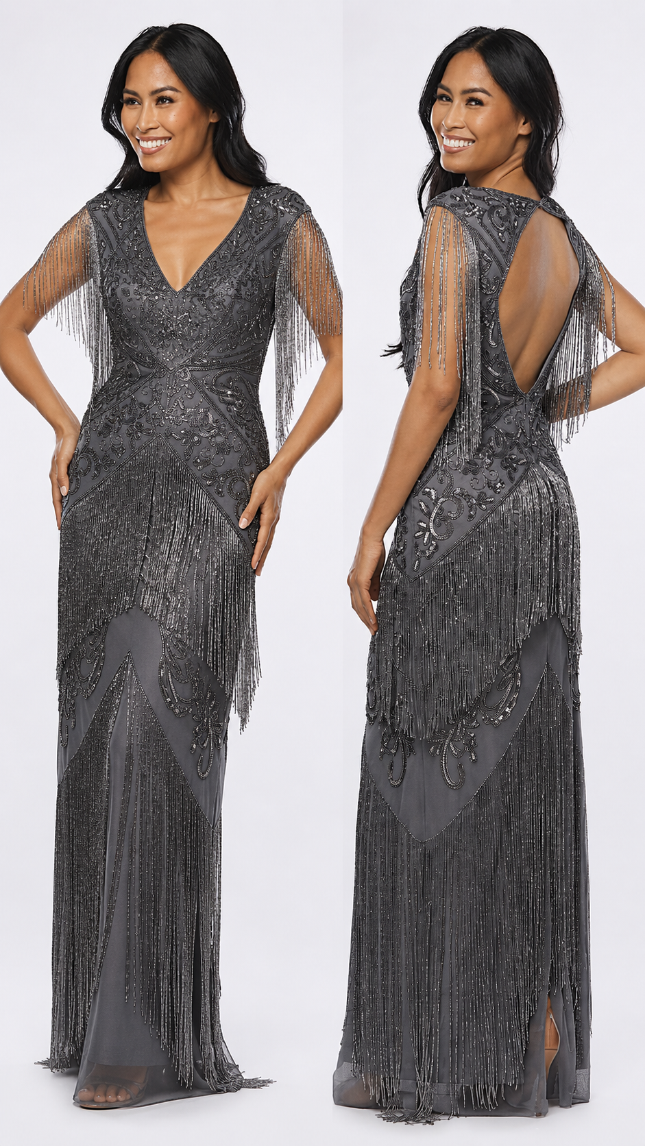Long Beaded Gown with Fringe 420