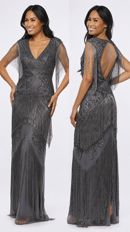 Long Beaded Gown with Fringe 420