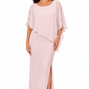 Long Chiffon Asymmetrical Overlay Dress with Rhinestone Trim 389