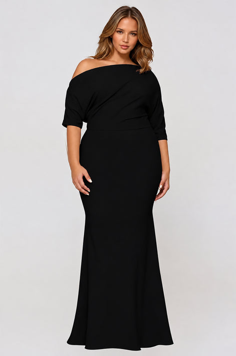 Long Side Shoulder Neckline Crepe Dress 629