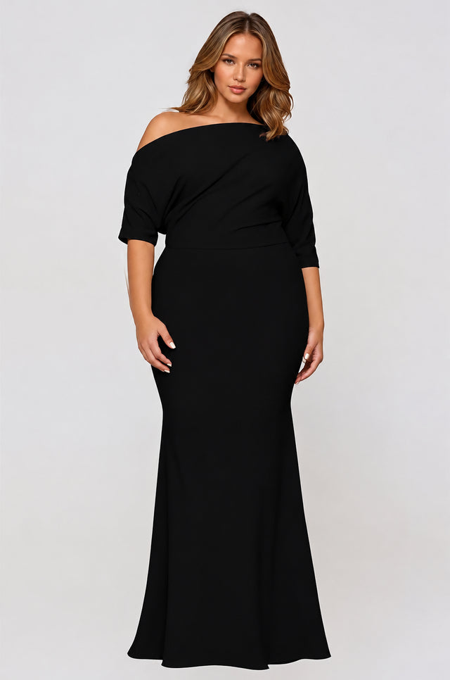 Long Side Shoulder Neckline Crepe Dress 629
