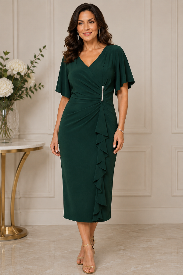 Midi Dress with Short Flutter Sleeves and Cascade Frill Detail 846
