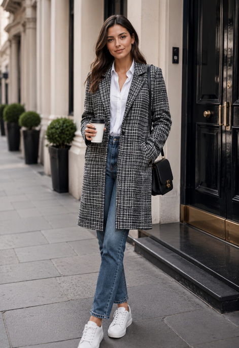 Knee Length Plaid Coat with Deep V-Neck and Pockets 44
