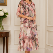 Floral Knee Length Dress with Batwing Sleeve 1571