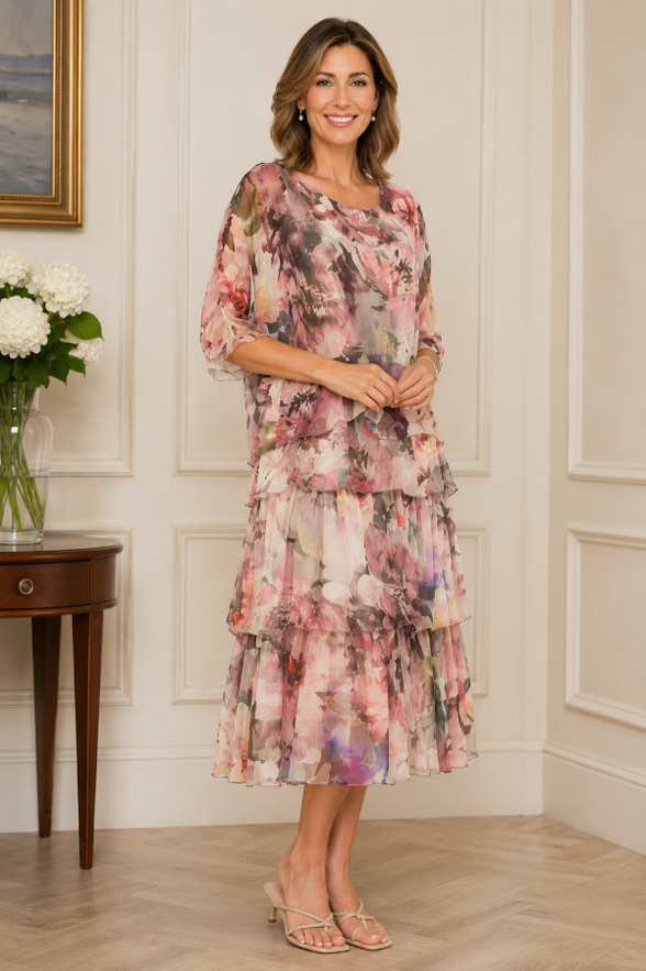 Floral Knee Length Dress with Batwing Sleeve 1571