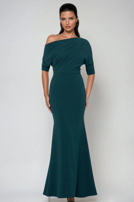 Long Side Shoulder Neckline Crepe Dress 629