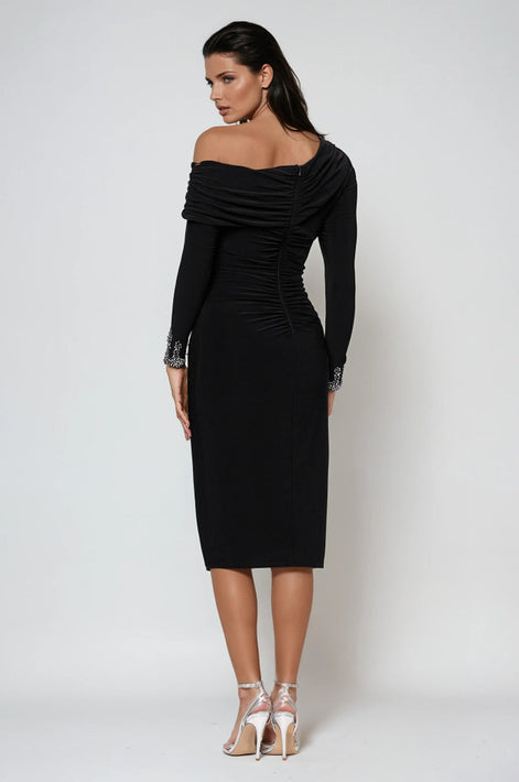 Midi Off Shoulder Dress with Rhinestone Embellishment Cuffs 798