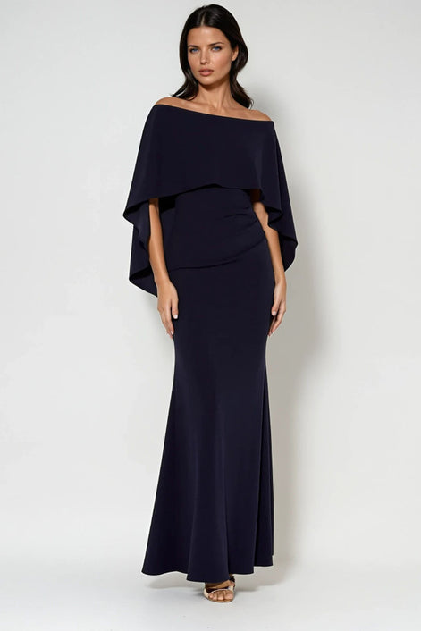 Long Navy Off Shoulder Gown 796