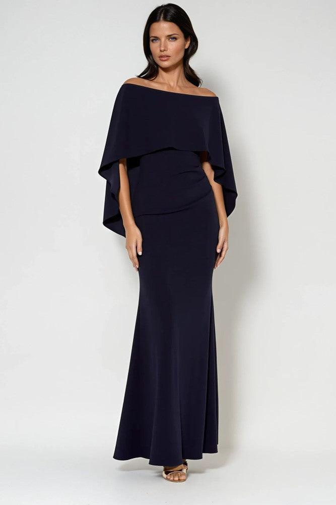 Long Navy Off Shoulder Gown 796