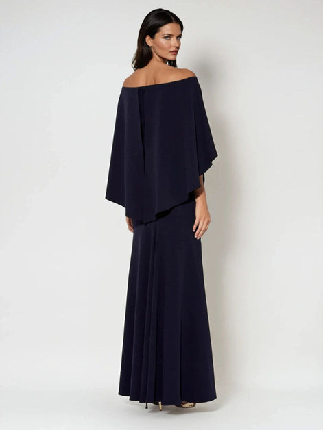 Long Navy Off Shoulder Gown 796