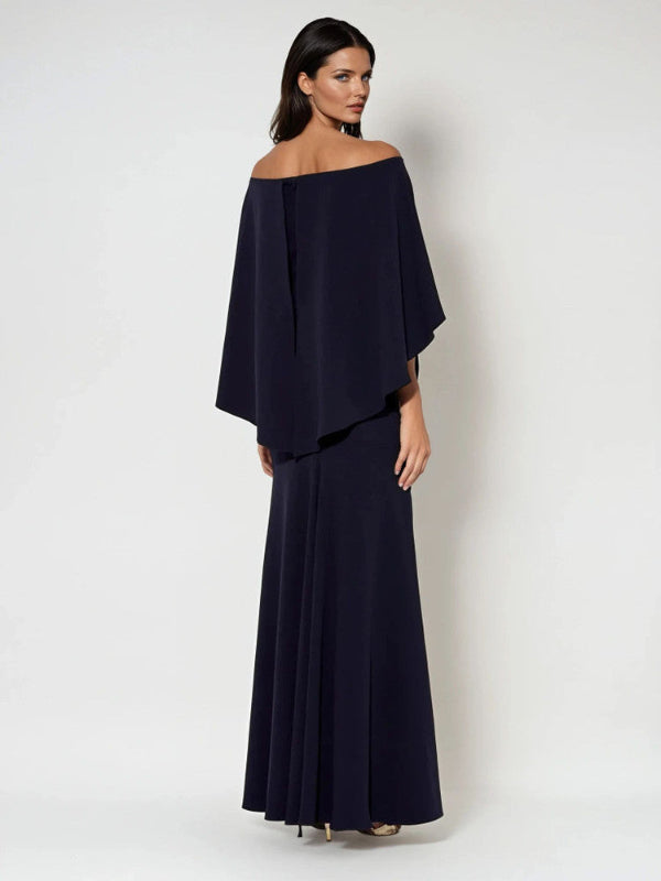 Long Navy Off Shoulder Gown 796