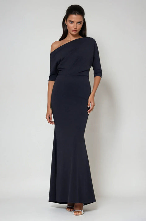 Long Side Shoulder Neckline Crepe Dress 629