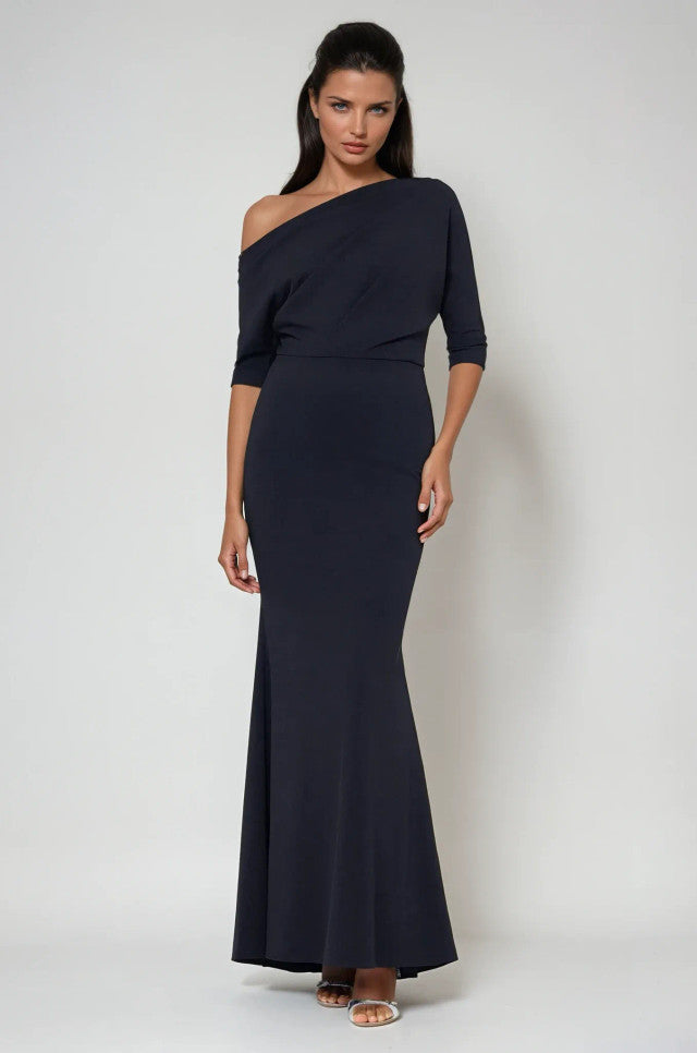 Long Side Shoulder Neckline Crepe Dress 629