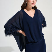 Chiffon Knit Poncho Top With Novelty Trim 787