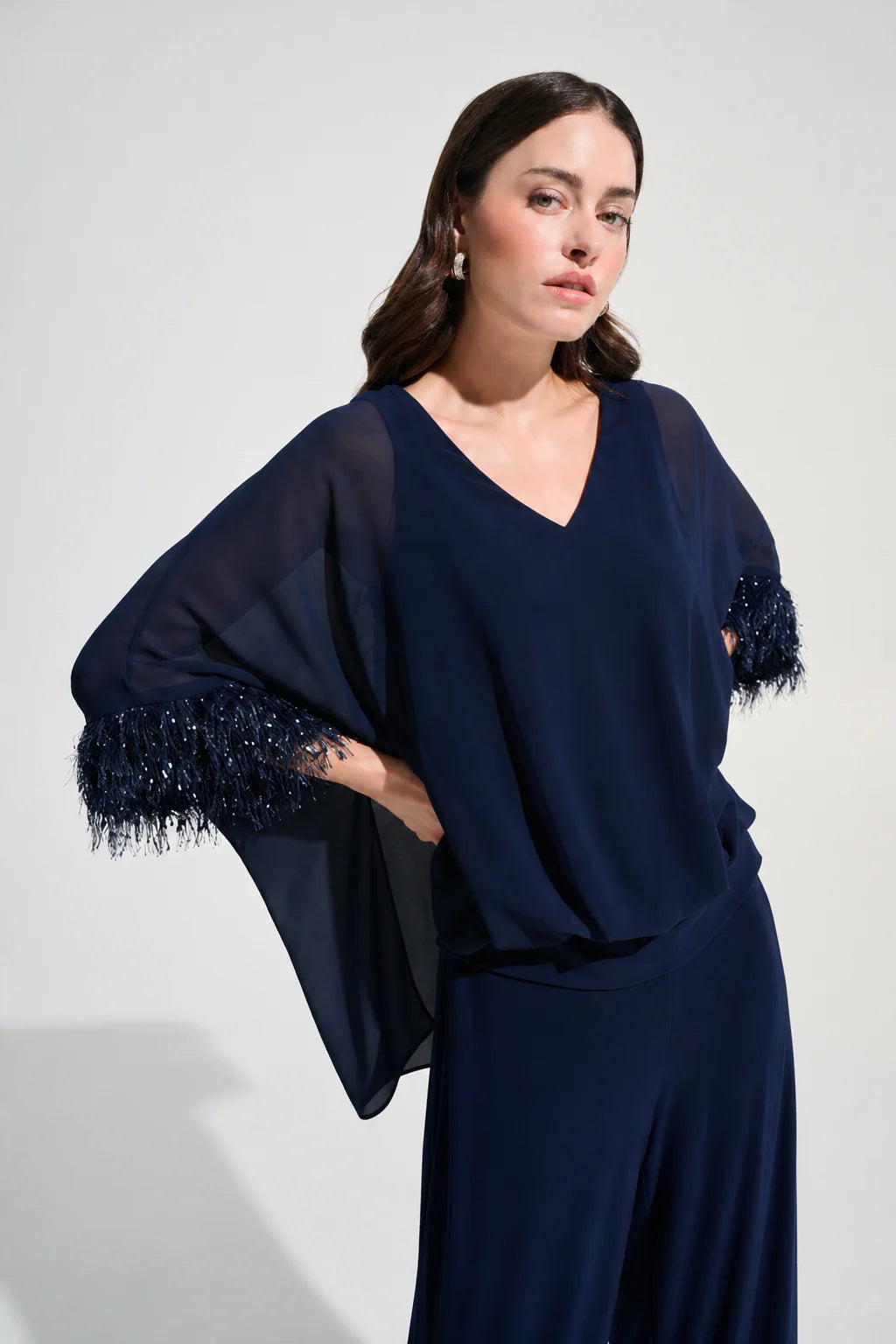 Chiffon Knit Poncho Top With Novelty Trim 787