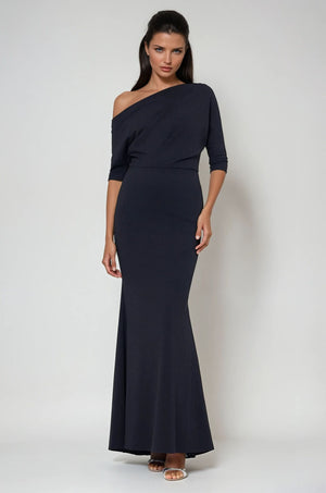Long side shoulder neckline crepe dress