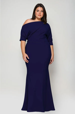 Long side shoulder neckline crepe dress