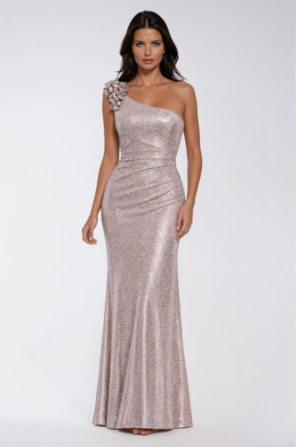 One Shoulder Long Gown with Ruffle Detail 741