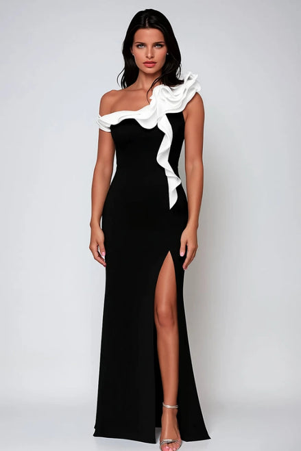 Long One Shoulder Black Crepe Dress 774