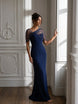 Long Navy Sheath Dress With Pearl Embellished Tulle Overlay 852
