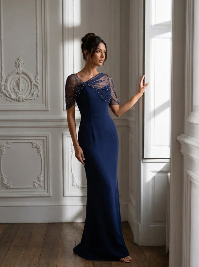 Long Navy Sheath Dress With Pearl Embellished Tulle Overlay 852