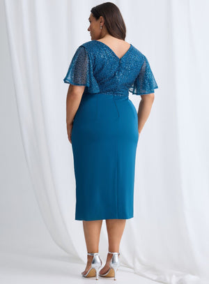 Midi Length Beaded Bodice Dress with Cap Sleeves