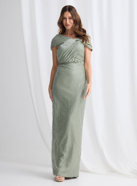 Embellished Long Dress with Cross Over Neckline and Caped Sleeve 832